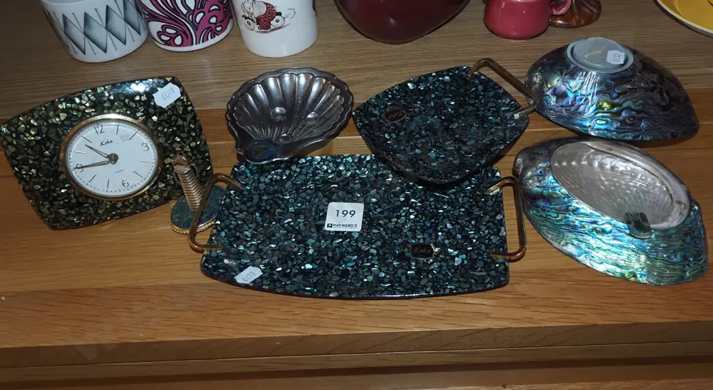 paua shell souvenir ware; ashtrays, mantle clocks, trays etc Image 1++