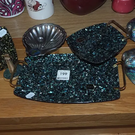paua shell souvenir ware; ashtrays, mantle clocks, trays etc