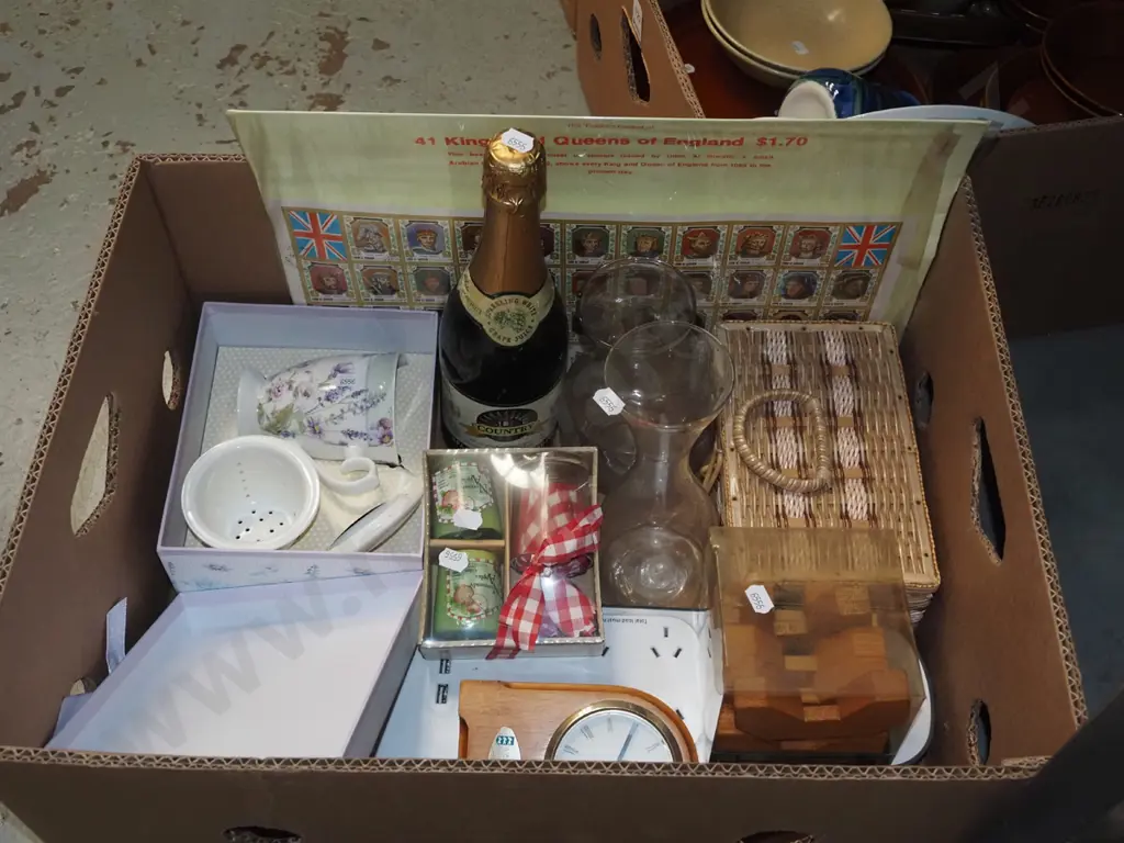 box; tea for one, wooden puzzle, mantle clock etc Image 1++
