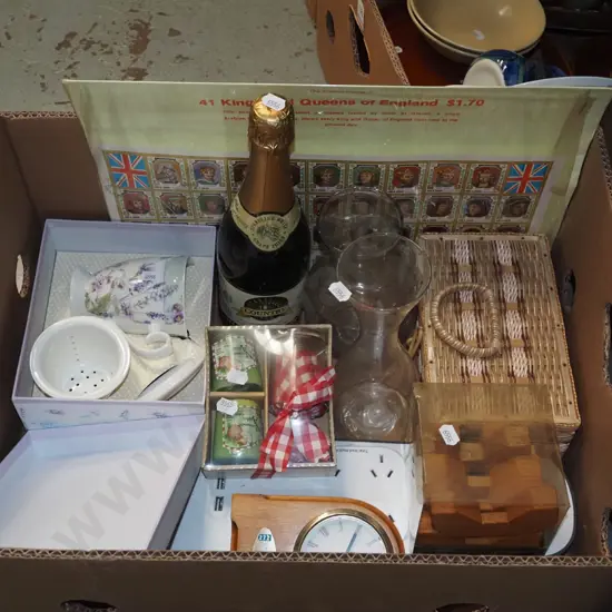 box; tea for one, wooden puzzle, mantle clock etc