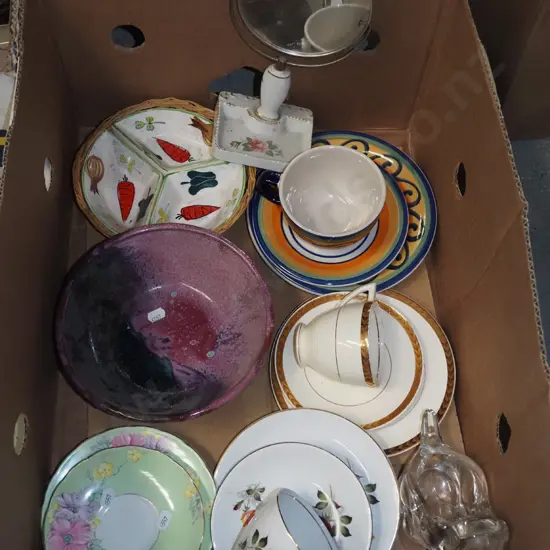 box shaving mirror, trios, pottery bowl etc