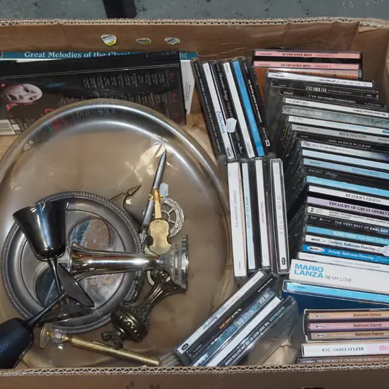 box; glass bowl, CDs, plated ware etc