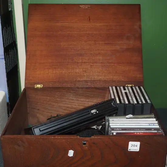 mahogany box, DVD player, CDs etc