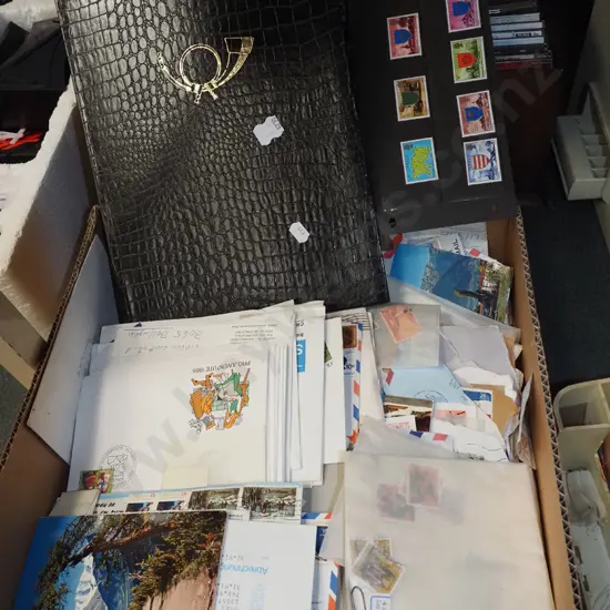 box; stamp album, first day covers, stamps etc