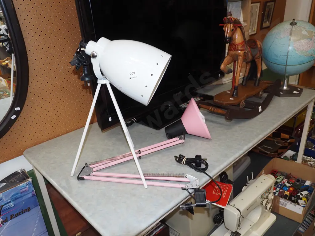 pink anglepoise clamp mounted lamp, tripod table lamp Image 1++