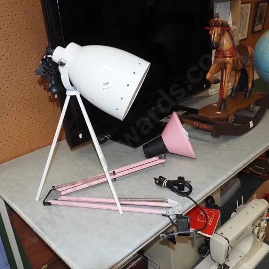 pink anglepoise clamp mounted lamp, tripod table lamp