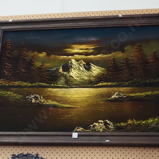 framed painting on velvet - landscape and mountain scene