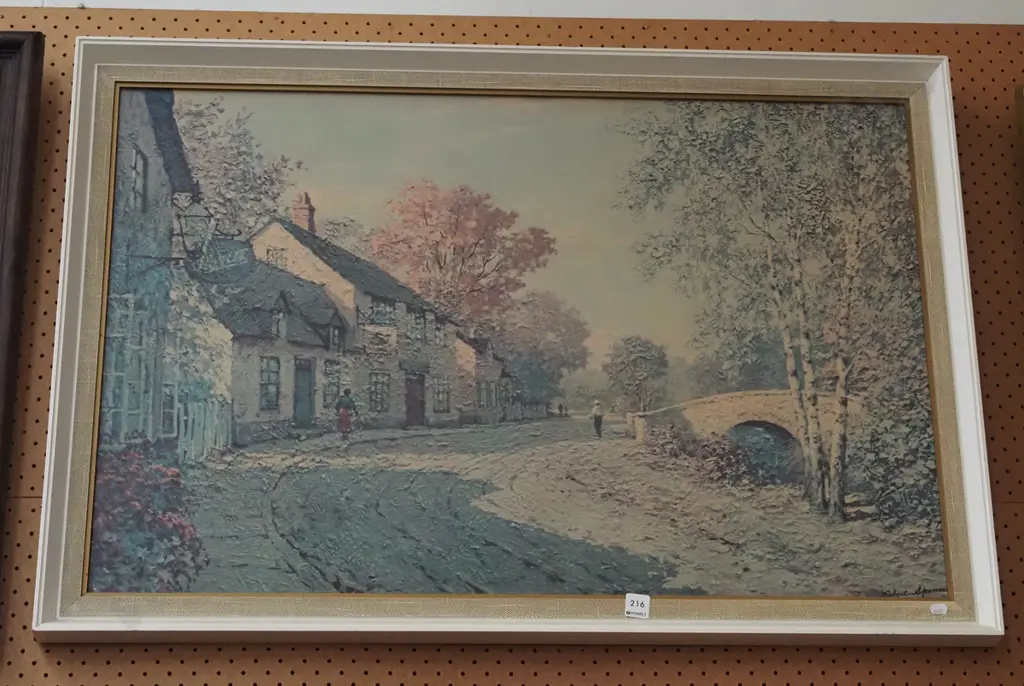framed faded print - village scene Image 1++