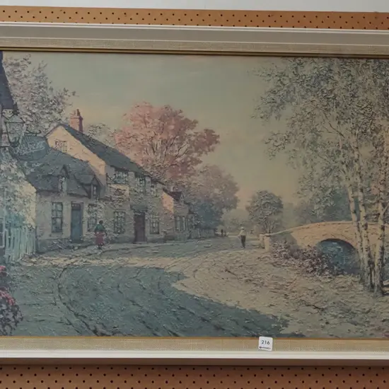 framed faded print - village scene