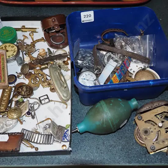 blue plastic icecream tub, watch parts, watches etc