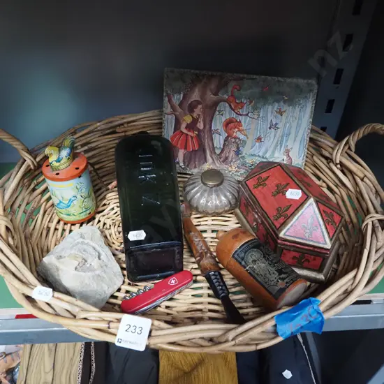 cane tray, gin bottle, army knife, ink well etc