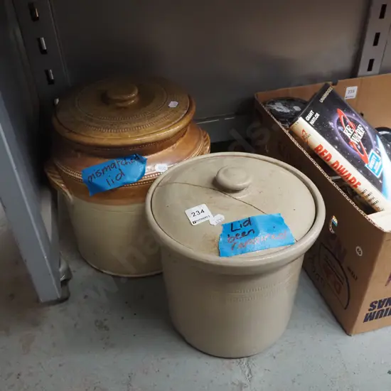 2x stoneware crocks - repair to 1 lid, mistmatched other lid