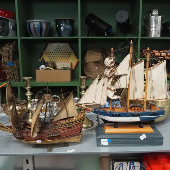 2x model sailing ships - blue dots