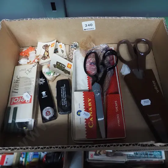 box; scissors, pinking shears etc