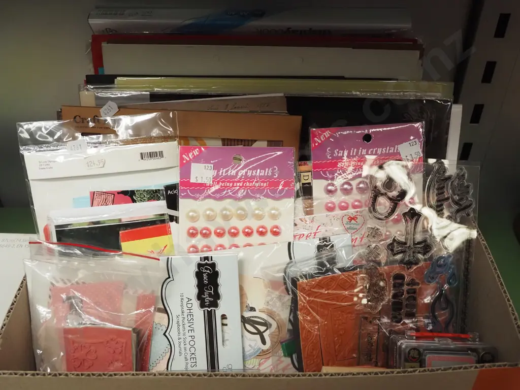 box of crafting supplies, tracing paper, cards, beads etc Image 1++