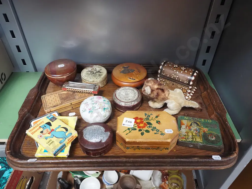 oak tray, trinket boxes, tins, lion toy etc Image 1++