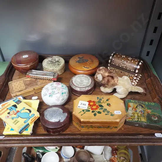 oak tray, trinket boxes, tins, lion toy etc