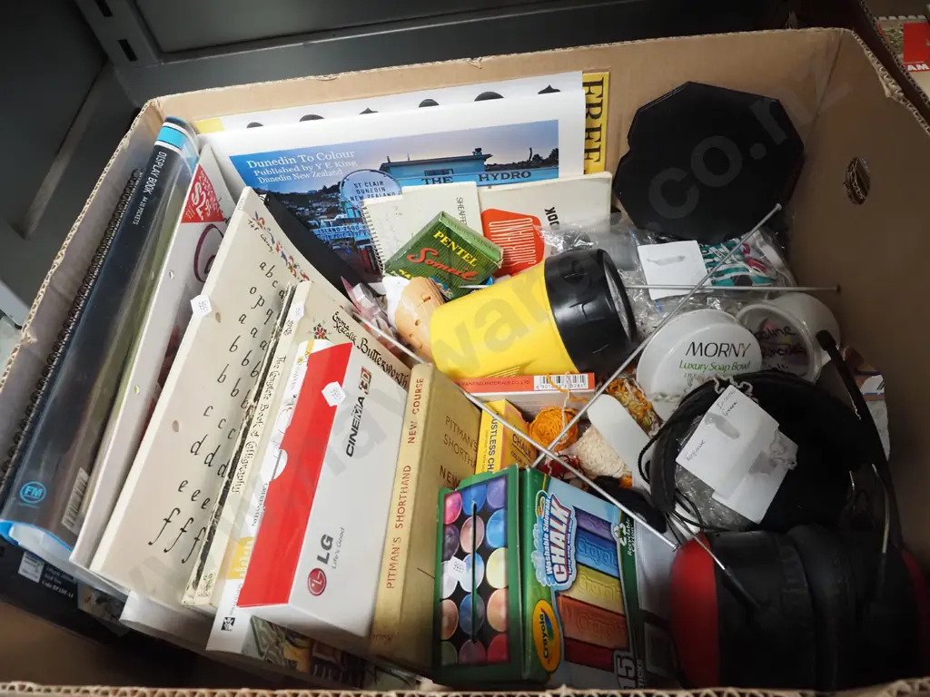 box; calligraphy books, radio ear muffs, torch etc Image 1++