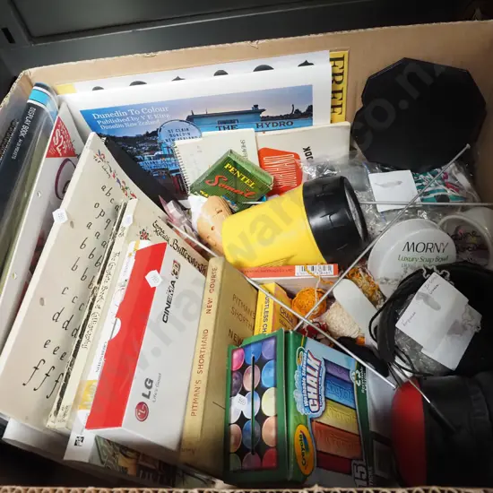 box; calligraphy books, radio ear muffs, torch etc