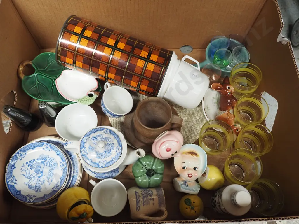 box; retro thermos, yellow tumblers, saucers etc Image 1++