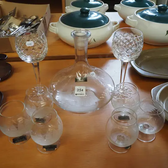 2x stemmed crystal glasses, ships decanter - no stopper, 6 matching glasses