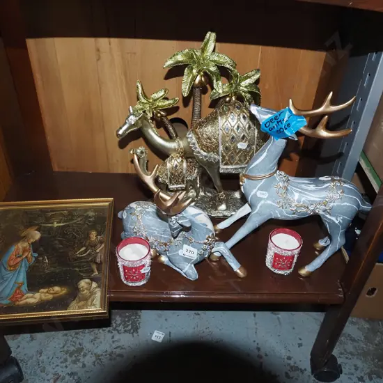 shelf; animal figurines, candles etc