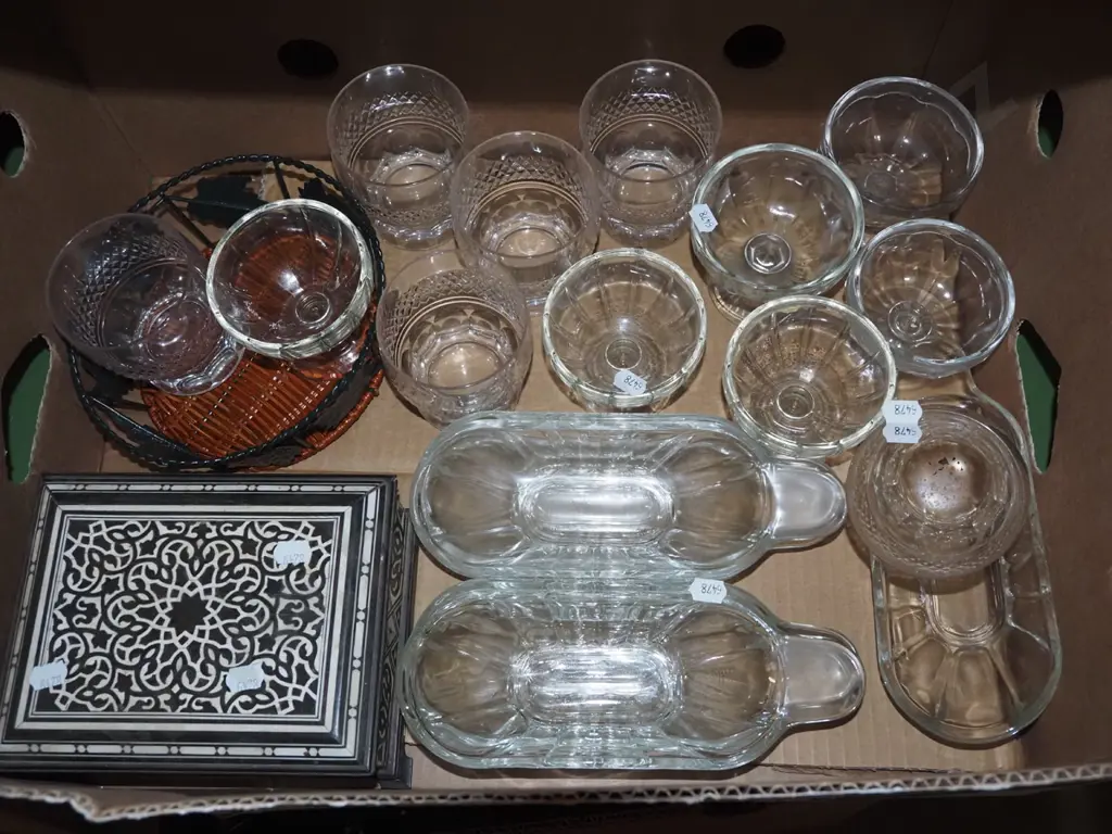 box; glass ware, mother of pearl inlay box, metal and cane tray Image 1++