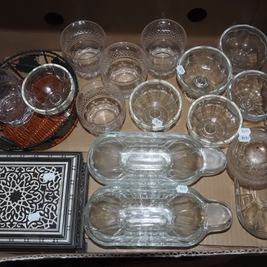 box; glass ware, mother of pearl inlay box, metal and cane tray