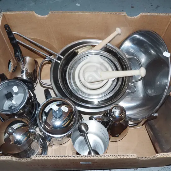 box; mortar and pestle, stainless steel bowls etc