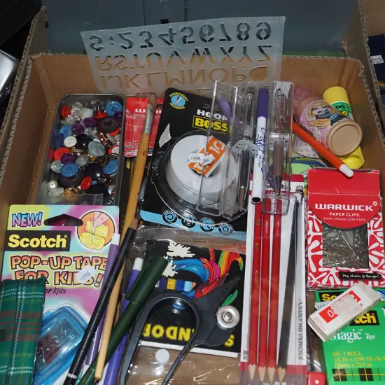 box; buttons, pens, paper clips etc