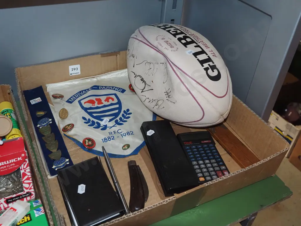 box; signed rugby ball, badges etc Image 1++