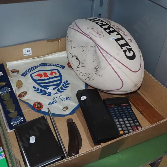 box; signed rugby ball, badges etc