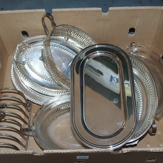 box; pyrex and plated ware serving bowls, trays etc