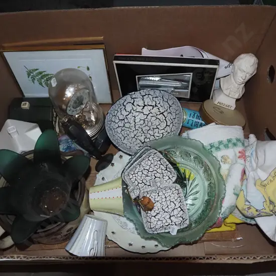 box; anniversary clock, prints, tea towel etc