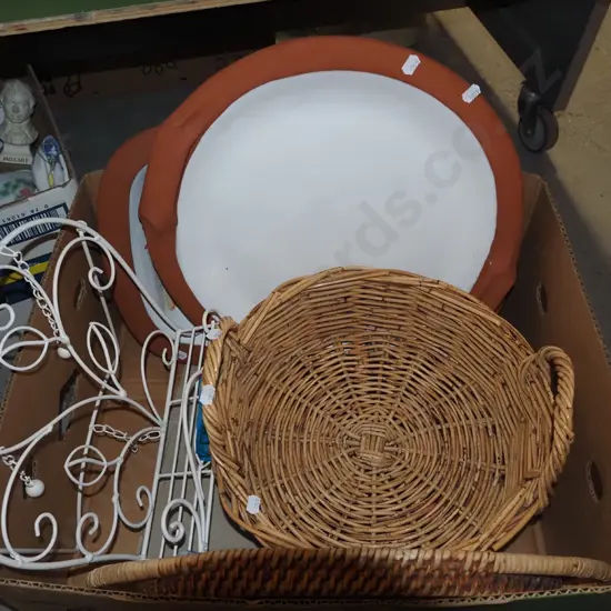 box; cane trays, cookbook stand, ashets etc