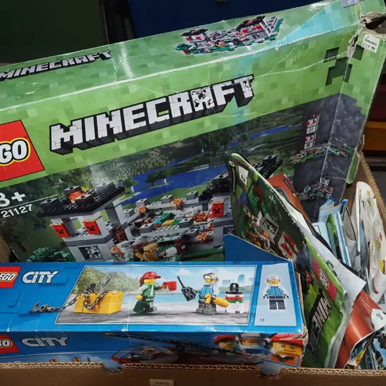 box; Lego helicopter truck kit, Minecraft kit - both maybe incomplete