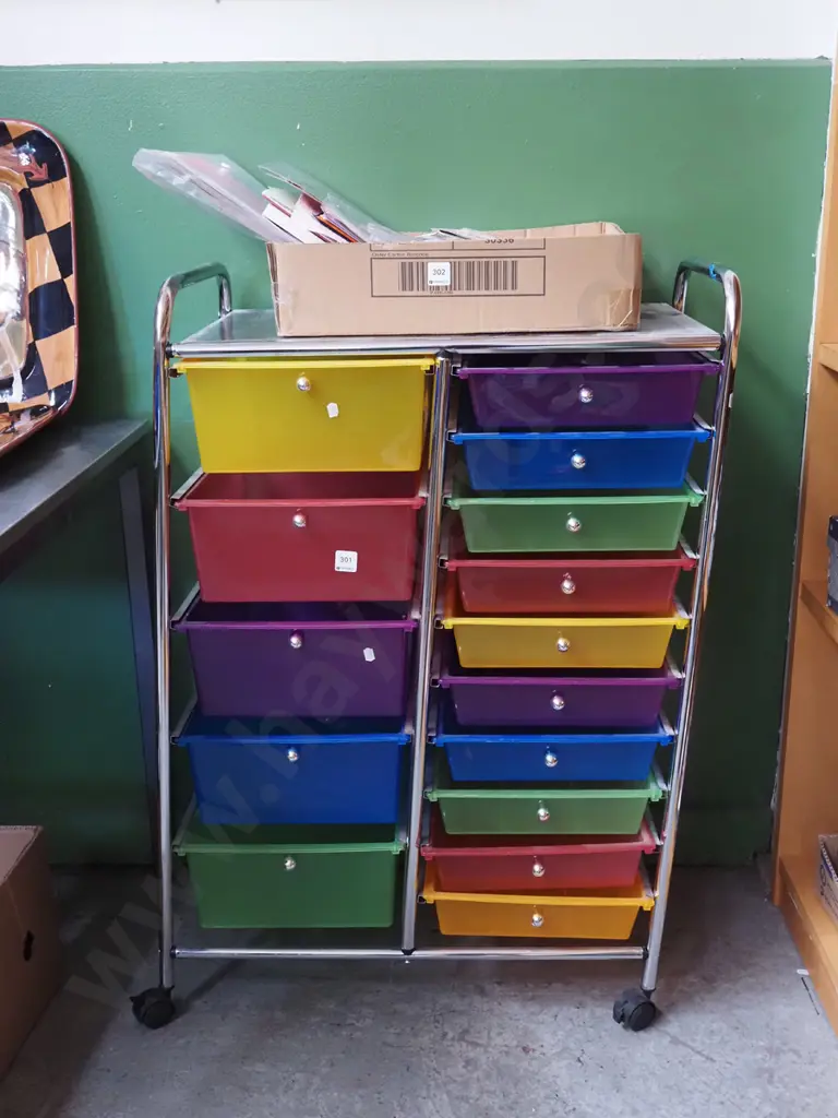 plastic coloured storage trays on chrome cart H960 W640 D380 Image 1++