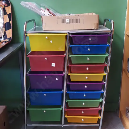 plastic coloured storage trays on chrome cart H960 W640 D380