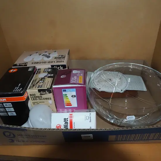 box; crystal salad bowl, navigation calculator, light bulbs