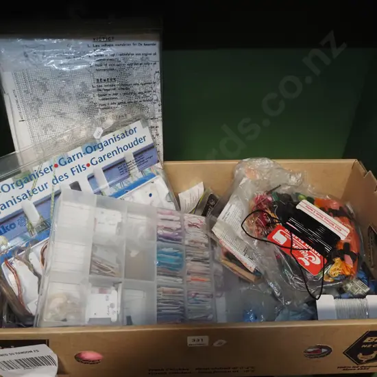 box; needlework acessories, threads, part finished tapestries etc