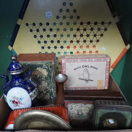 Chinese checker boards, urn vase, vintage tins etc