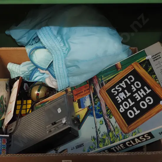box; radio alarm clock, board games, 35mm cameras etc