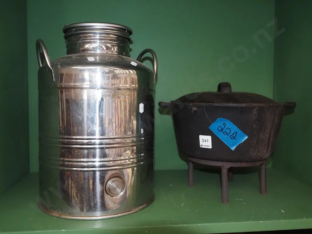 cast iron lidded pot on stand, Italian stainless steel urn with tap Image 1++
