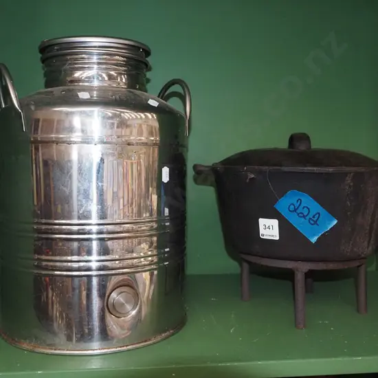 cast iron lidded pot on stand, Italian stainless steel urn with tap