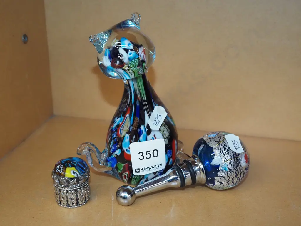 art glass cat, stopper, small lidded canister Image 1++