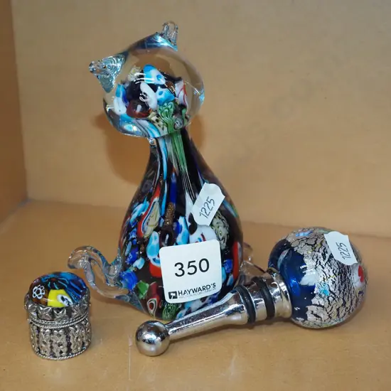 art glass cat, stopper, small lidded canister