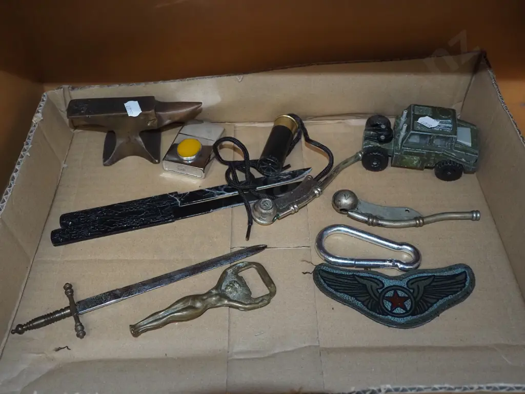 box; small brass anvil, letter openers, pendant etc Image 1++