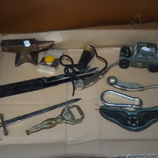 box; small brass anvil, letter openers, pendant etc
