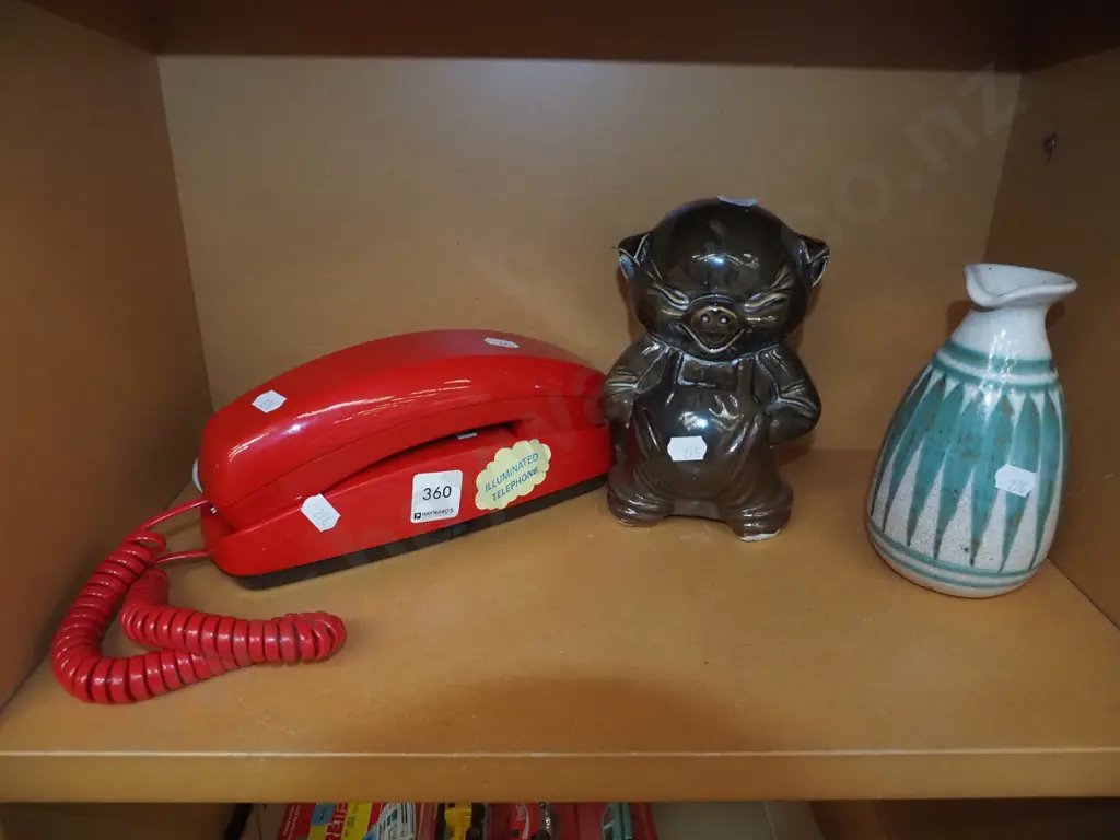 piggy bank, Hanmer vinegar bottle, red push button phone Image 1++