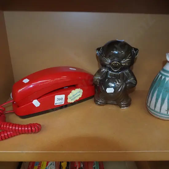 piggy bank, Hanmer vinegar bottle, red push button phone